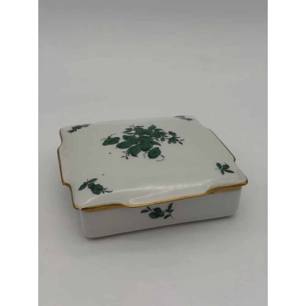 Augarten Wien MARIA THERESIA Green Floral Vienna Austria Square trinket box